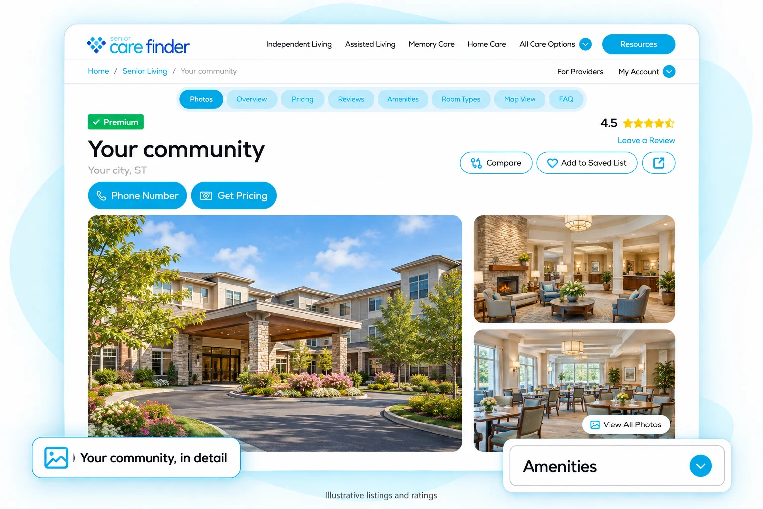 Illustrative provider page with an anonymous community, a green Premium badge and a 4.5 star rating.