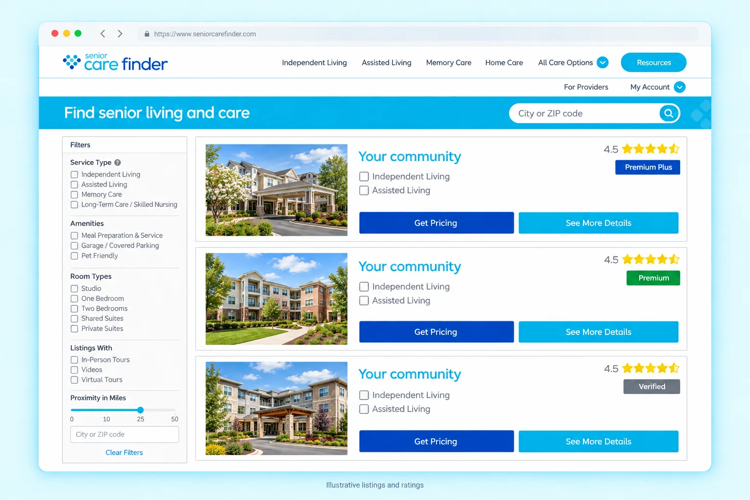 Illustrative anonymous search listings with blue Premium Plus, green Premium and gray Verified badges.