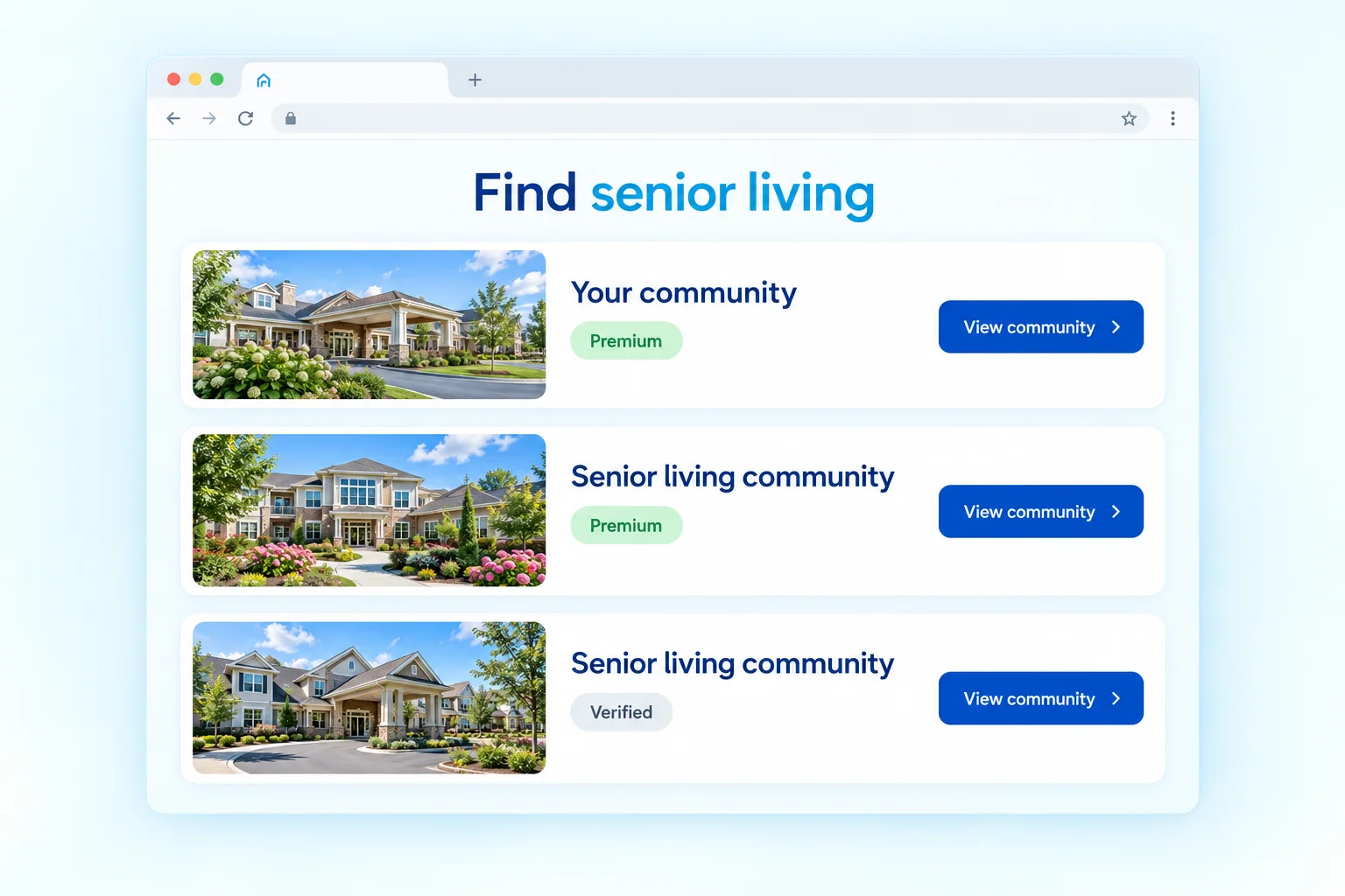 Illustrative search results with a Premium community first and a free claimed listing third.
