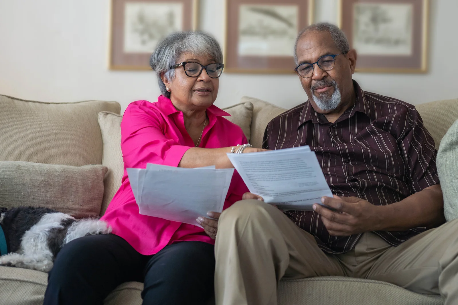 Senior couple reviewing documents together on their living room couch with their dog