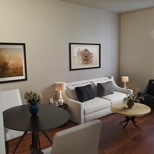 Living room of 1 bed/1 bath Assisted Living apartment (virtually staged photo, all apartments are unfurnished)