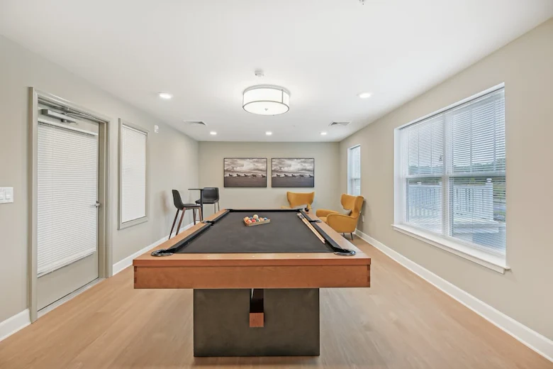 Willow Manor at Cabin Branch senior living community offering independent living and affordable living in Clarksburg, MD, activities room with a pool table