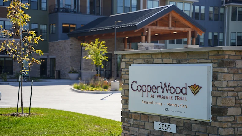 CopperWood at Prairie Trail senior living community offering assisted living and memory care in Ankeny, IA, community sign