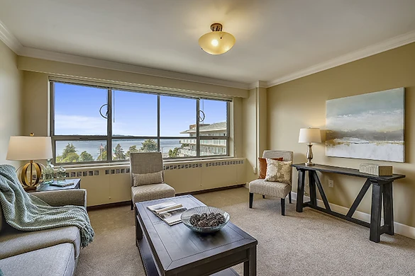 Judson Park Senior Living in Des Moines, WA, apartment living room with a view