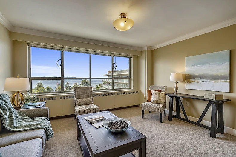 Judson Park Senior Living in Des Moines, WA, apartment living room with a view