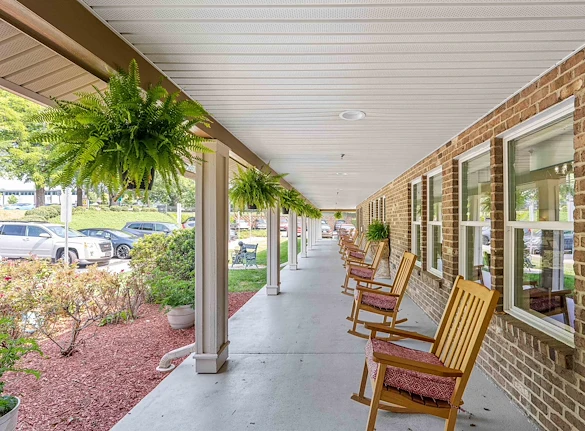 The Lodge at Wake Forest Gracious Retirement Living Hawthorn Senior Independent Living in Wake Forest, North Carolina front patio