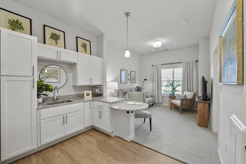 Alto Johns Creek, senior living community offering assisted living, memory care, and respite care in Duluth, GA, apartment featuring a kitchenette and comfortable living area