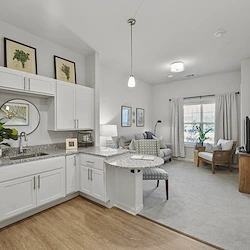 Alto Johns Creek, senior living community offering assisted living, memory care, and respite care in Duluth, GA, apartment featuring a kitchenette and comfortable living area
