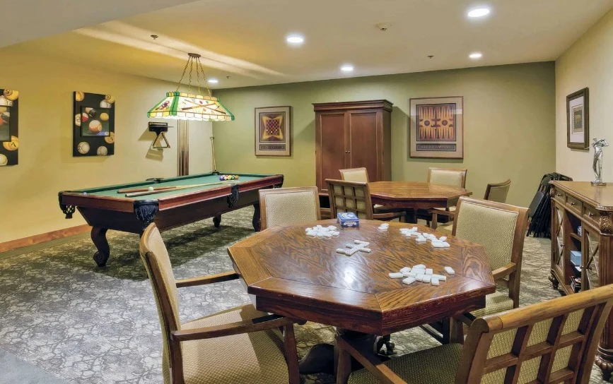Hillside Senior Living in McMinnville, OR, community activities room with pool table