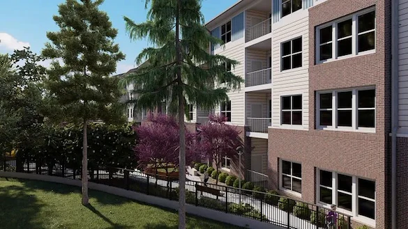 Acclaim at Cary Pointe, senior living community offering active adult and independent living in Cary, NC, back exterior and walkiing path