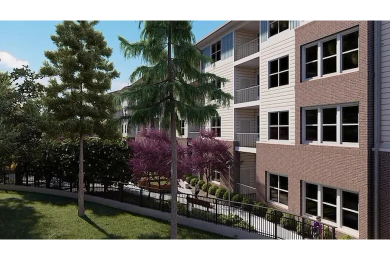 Acclaim at Cary Pointe, senior living community offering active adult and independent living in Cary, NC, back exterior and walkiing path