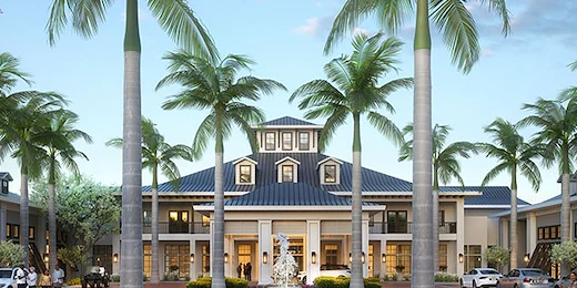 Wellington Bay with Lisbet Health Center senior living community offering independent living, assisted living, and memory care in Wellington, FL, front exterior with water fountain feature