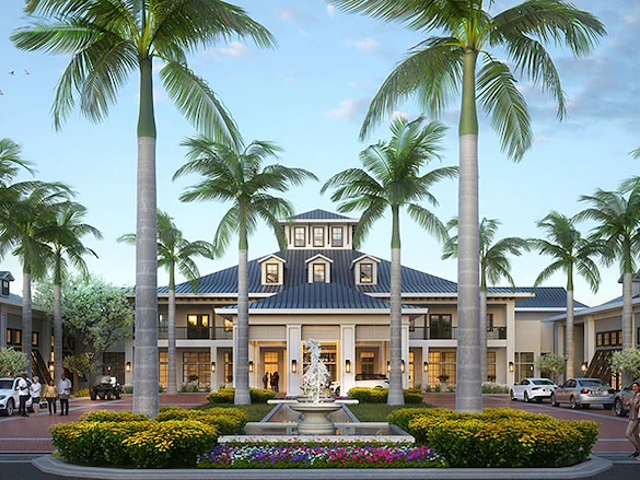 Wellington Bay with Lisbet Health Center senior living community offering independent living, assisted living, and memory care in Wellington, FL, front exterior with water fountain feature