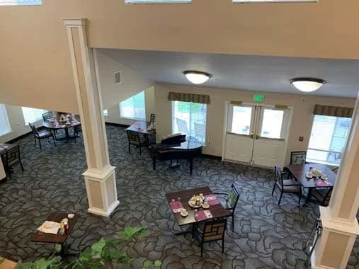Avamere at South Hill senior living community offering assisted living and respite care in Spokane, WA, dining room view from above