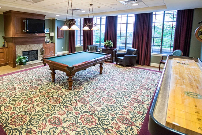 Brookdale Green Hills Cumberland senior living community offering assisted living, memory care, and respite care in Nashville, TN, activities room featuring a pool table