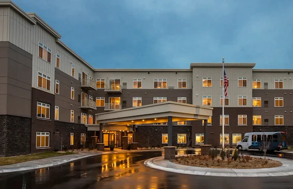 Independent living, assisted living, memory care, and respite care at Broadwell Senior Living – Plymouth in Plymouth, MN, front exterior and entrance