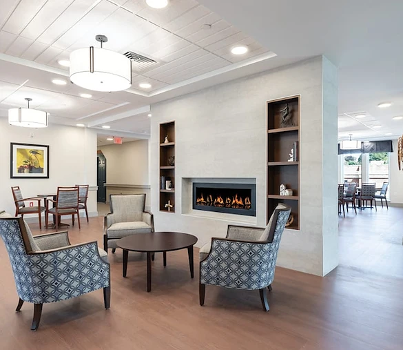 KindCare at Bristol, CT, visiting area by fireplace