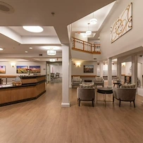 Avamere at Sandy senior living community offering assisted living, memory care, and respite care in Sandy, OR, lobby with front desk and sitting area