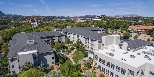 Independent living, assisted living, and memory care at Las Fuentes Resort Village in Prescott, AZ, exterior view from above