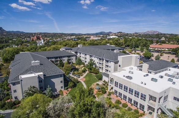 Independent living, assisted living, and memory care at Las Fuentes Resort Village in Prescott, AZ, exterior view from above