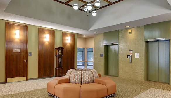 Plymouth Place independent living common area with elevators