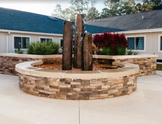 Viva Senior Living's waterfall feature in their outdoor space