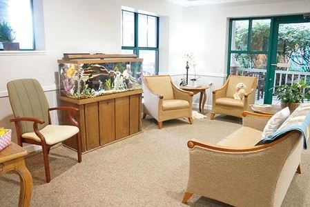 Ascension Living Bethlehem Woods Village senior living community offering independent living, assisted living, and memory care in La Grange Park, IL, community sitting area featuring a fish tank