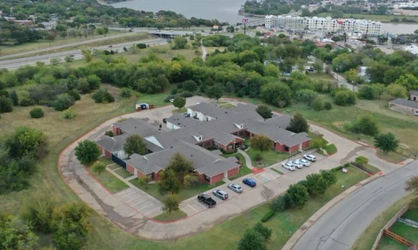 Assisted living and memory care at Bridgewater Memory Care in Granbury, TX, community exterior overview from above