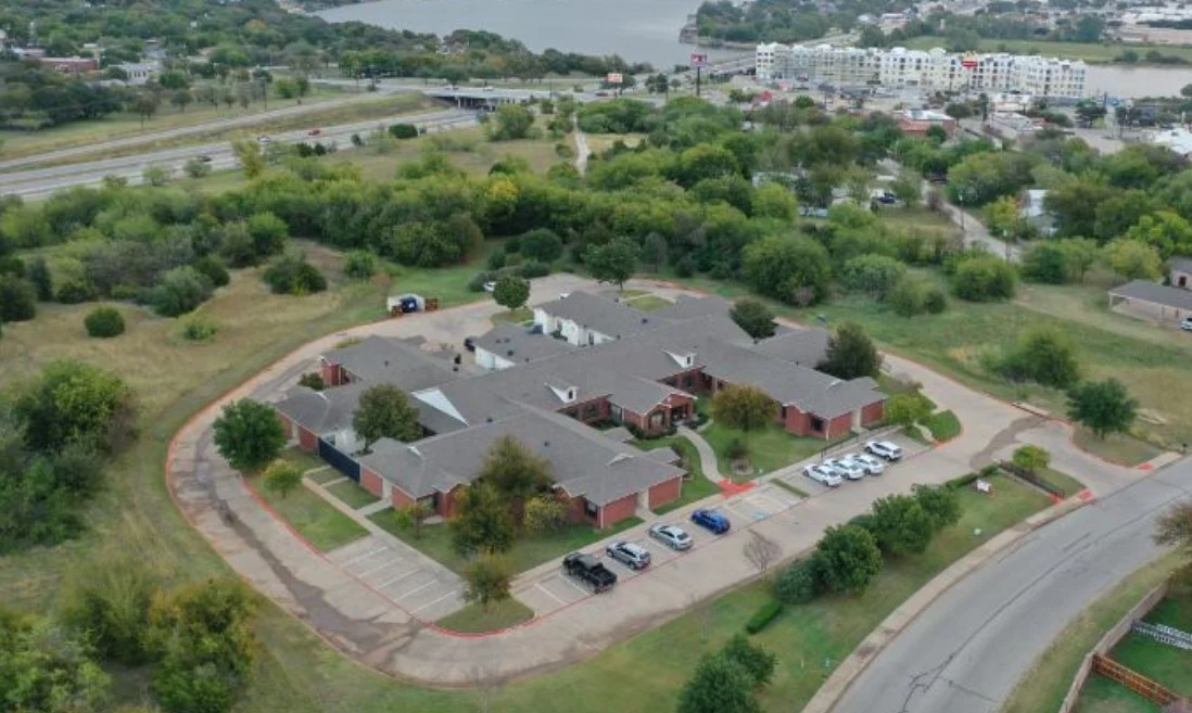 Assisted living and memory care at Bridgewater Memory Care in Granbury, TX, community exterior overview from above