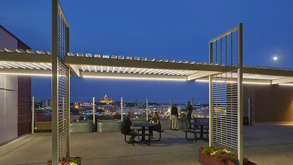 Ligutti Tower independent senior living outdoor patio with skyline view