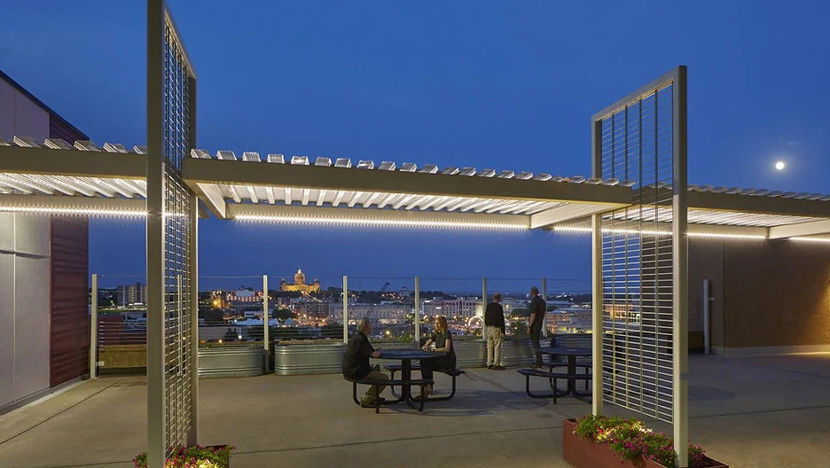 Ligutti Tower independent senior living outdoor patio with skyline view