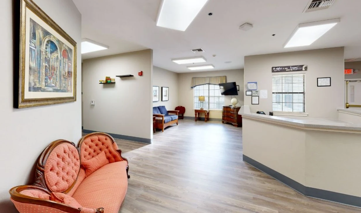Assisted living and memory care at Bridgewater Memory Care in Granbury, TX, lobby and front desk