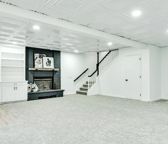 Legato Living Residential Memory Care at Indian Hills senior living community offering assisted living and memory care in Omaha, NE, open finished basement with large fireplace