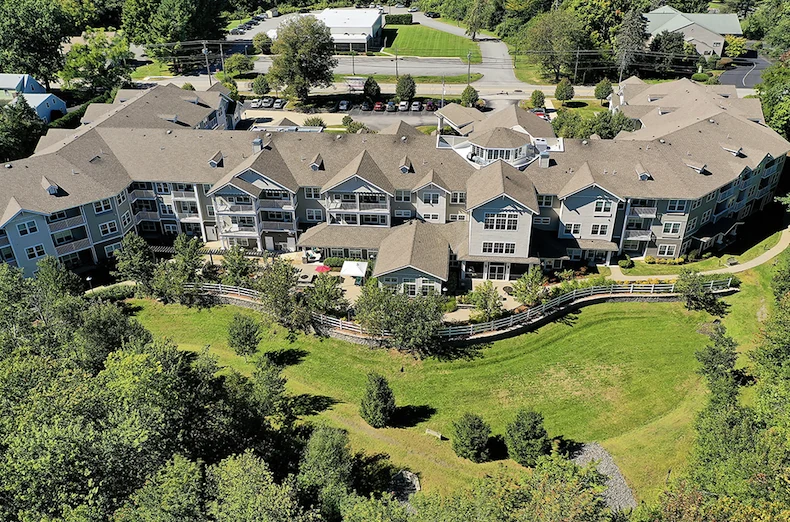 The Highlands Gracious Retirement Living Hawthorn Senior Independent Living in Westborough, Massachusetts rear exterior drone view
