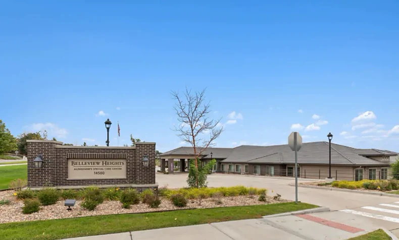 Assisted living and memory care at Belleview Heights Senior Living in Aurora, CO, exterior and community sign