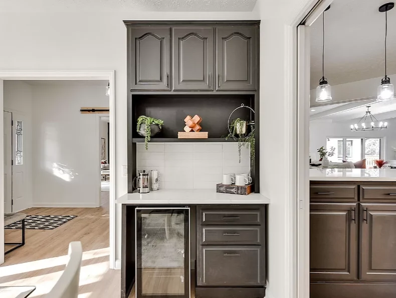 Legato Living Residential Memory Care at Indian Hills senior living community offering assisted living and memory care in Omaha, NE, refreshment station with personal coffee bar setup and mini fridge