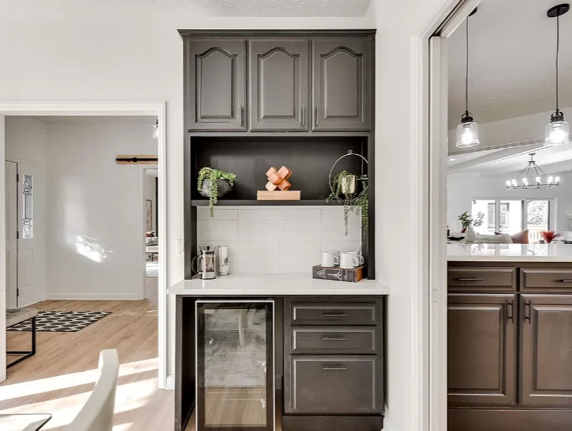 Legato Living Residential Memory Care at Indian Hills senior living community offering assisted living and memory care in Omaha, NE, refreshment station with personal coffee bar setup and mini fridge