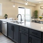 Legato Living Residential Memory Care at Five Fountains senior living community offering assisted living, memory care, adult day services, and respite care in Elkhorn, NE, kitchen island and view into the dining area