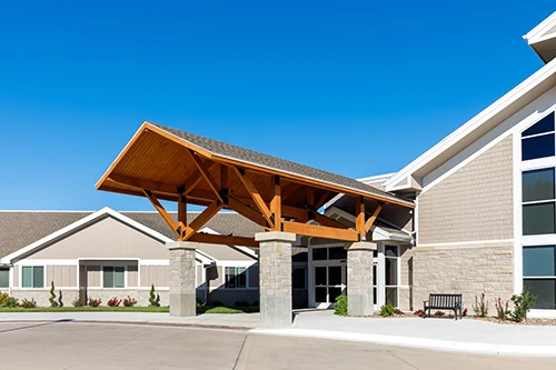 Kidron Bethel Village senior living community and continuing care retirement community (CCRC) offering independent living, assisted living, and respite care in North Newton, KS, front entrance