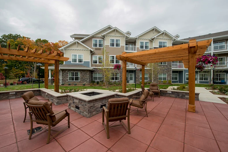 Northridge Gracious Retirement Living Hawthorn Senior Independent Living in Fishers, Indiana rear exterior firepit gazebo seating area