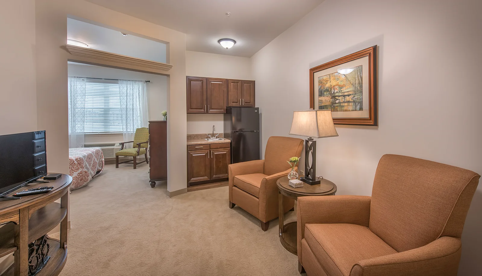 Barclay House of Aiken, senior living community offering assisted living and memory care in Aiken, SC, apartment featuring a kitchenette