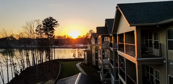 Williams Place Gracious Retirement Living Hawthorn Senior Independent Living in Davidson, North Carolina rear exterior sunset