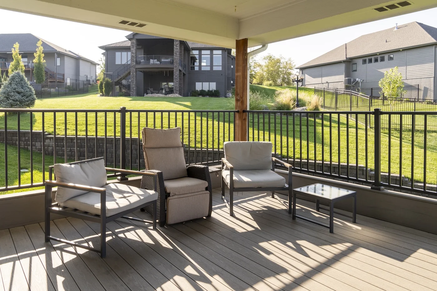 Legato Living Residential Memory Care at Five Fountains senior living community offering assisted living, memory care, adult day services, and respite care in Elkhorn, NE, covered patio area with chairs
