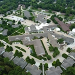 Kidron Bethel Village senior living community and continuing care retirement community (CCRC) offering independent living, assisted living, and respite care in North Newton, KS, community view from above