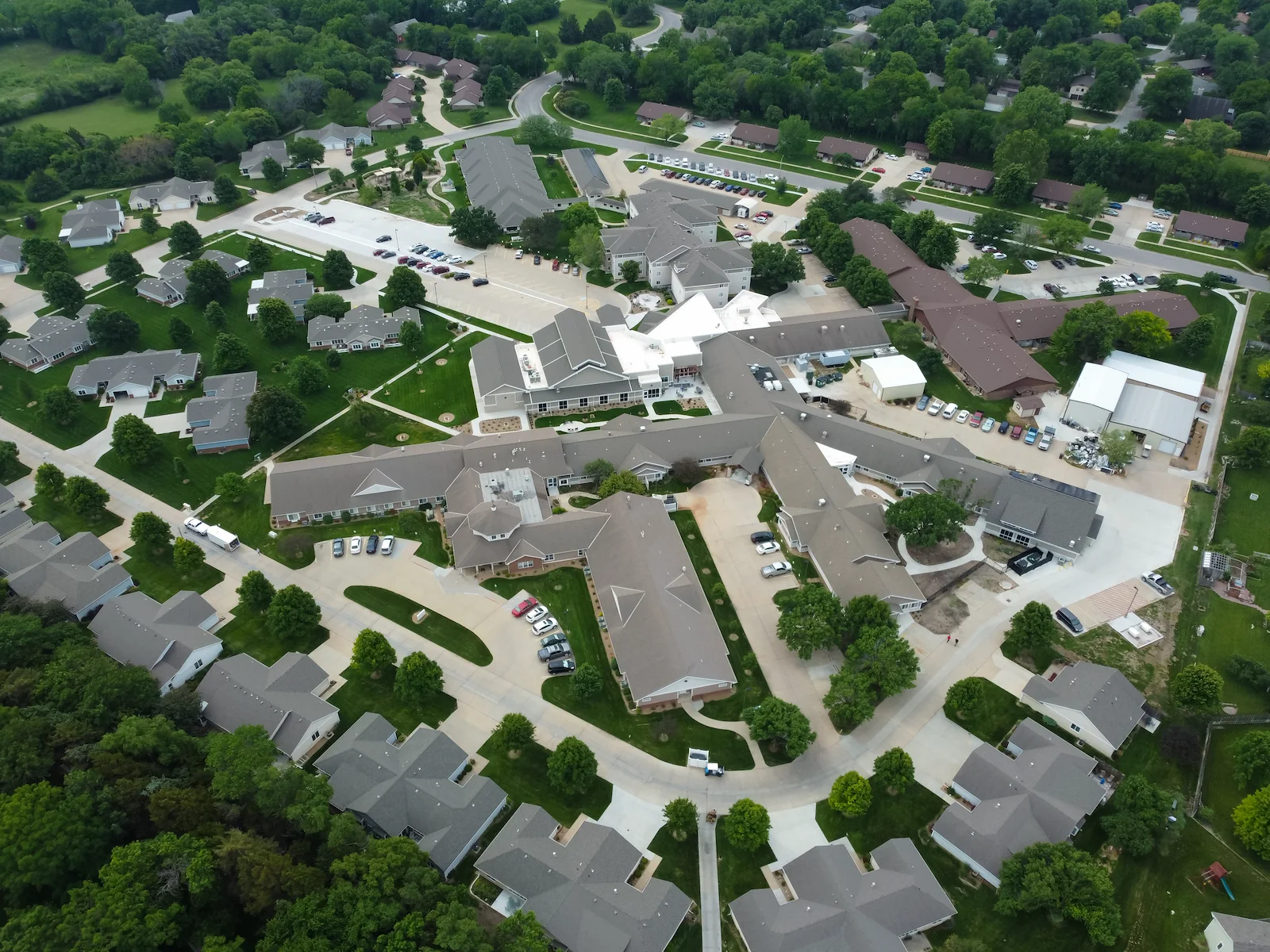 Kidron Bethel Village senior living community and continuing care retirement community (CCRC) offering independent living, assisted living, and respite care in North Newton, KS, community view from above
