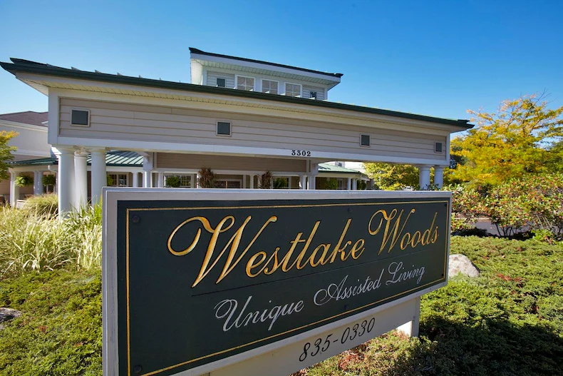 Westlake Woods by New Perspective senior living community offering assisted living in Erie, PA, community sign at front entrance