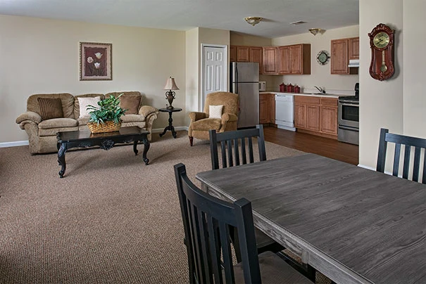 American House Dearborn Heights, senior living community offering independent living and respite care in Dearborn Heights, MI, apartment kitchen and living room