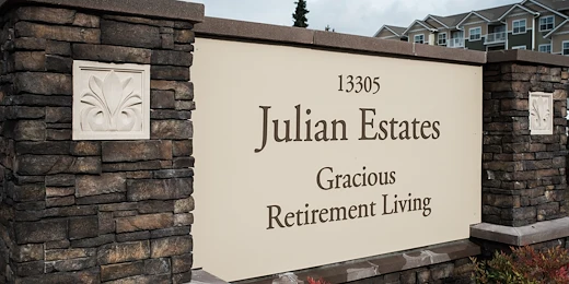Julian Estates Gracious Retirement Living Hawthorn Senior Independent Living in Puyallup, Washington front entrance sign