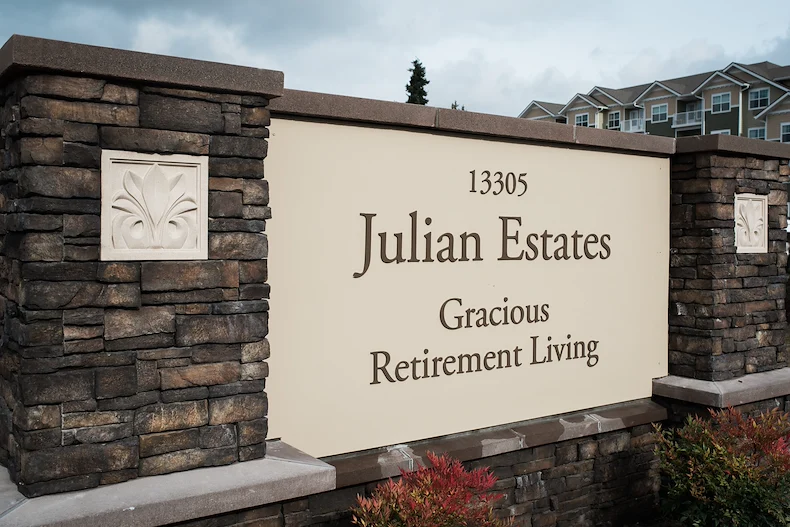 Julian Estates Gracious Retirement Living Hawthorn Senior Independent Living in Puyallup, Washington front entrance sign