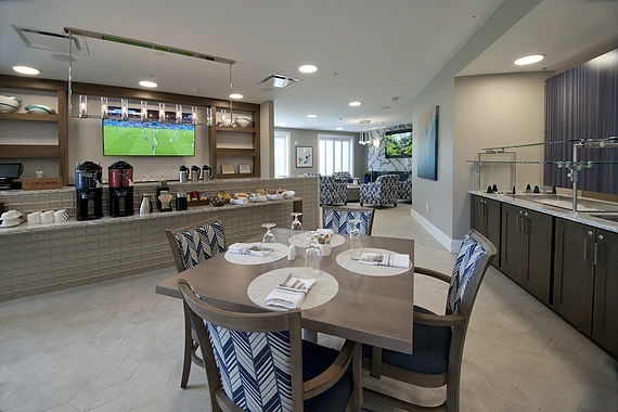Allegro Harrington Park, senior living community in Harrington Park, NJ, offering independent living, assisted living, memory care, and respite care, dining room featuring a coffee and snack bar